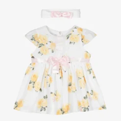Beau KiD Baby Girls White & Yellow Roses Dress Set