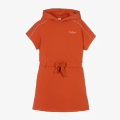 Chloé Teen Girls Burnt Orange Hooded Sweatshirt Dress
