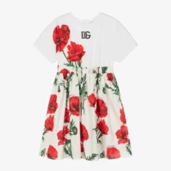 Dolce & Gabbana Teen Girls White Poppy Logo Dress