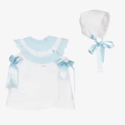 Foque Girls White & Blue Cotton Dress Set