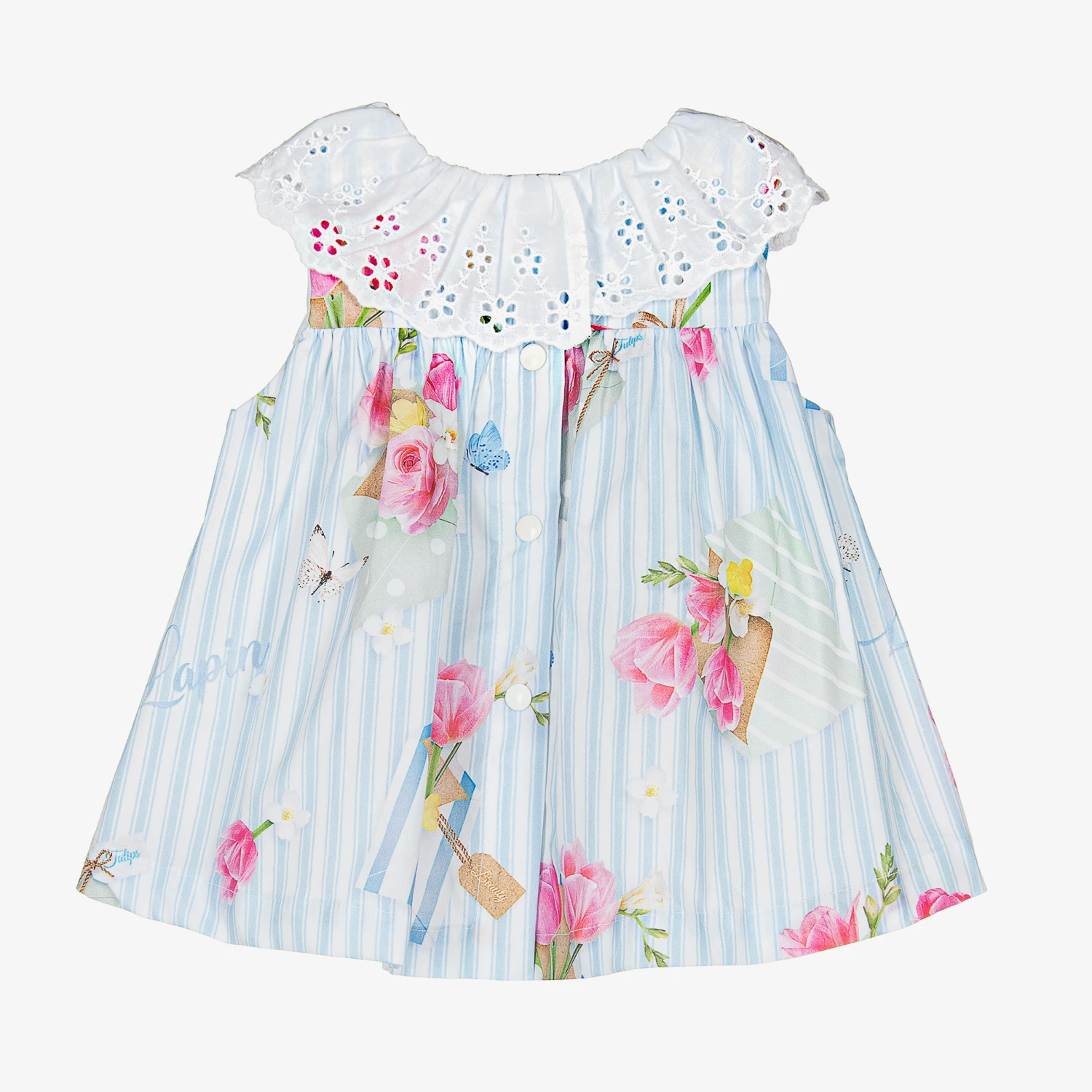 Lapin House Baby Girls Blue Striped Cotton Floral Dress 4 Lapin House Baby Girls Blue Striped Cotton Floral Dress - Image 2