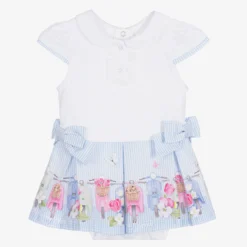 Lapin House Baby Girls White & Blue Cotton Dress