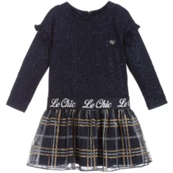 Le Chic Blue Sparkly Tartan Baby Dress