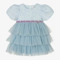Le Mu Baby Girls Blue Brocade Dress