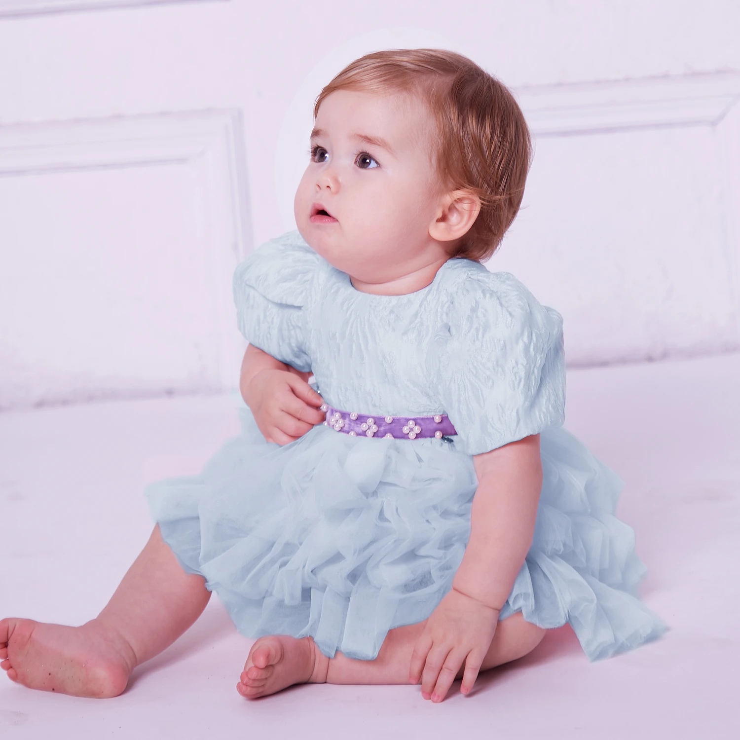 Le Mu Baby Girls Blue Brocade Dress 4 Le Mu Baby Girls Blue Brocade Dress - Image 2