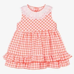 Miranda Baby Girls Coral Pink Checked Cotton Dress