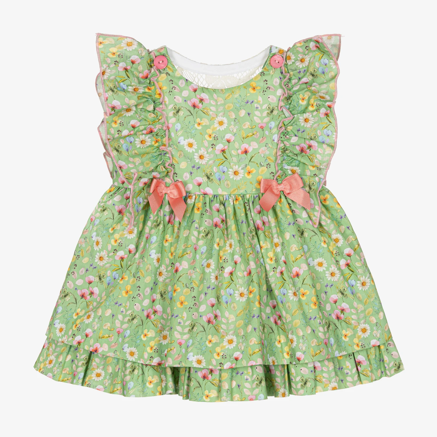 Miranda Baby Girls Green Cotton Floral Dress 3 Miranda Baby Girls Green Cotton Floral Dress