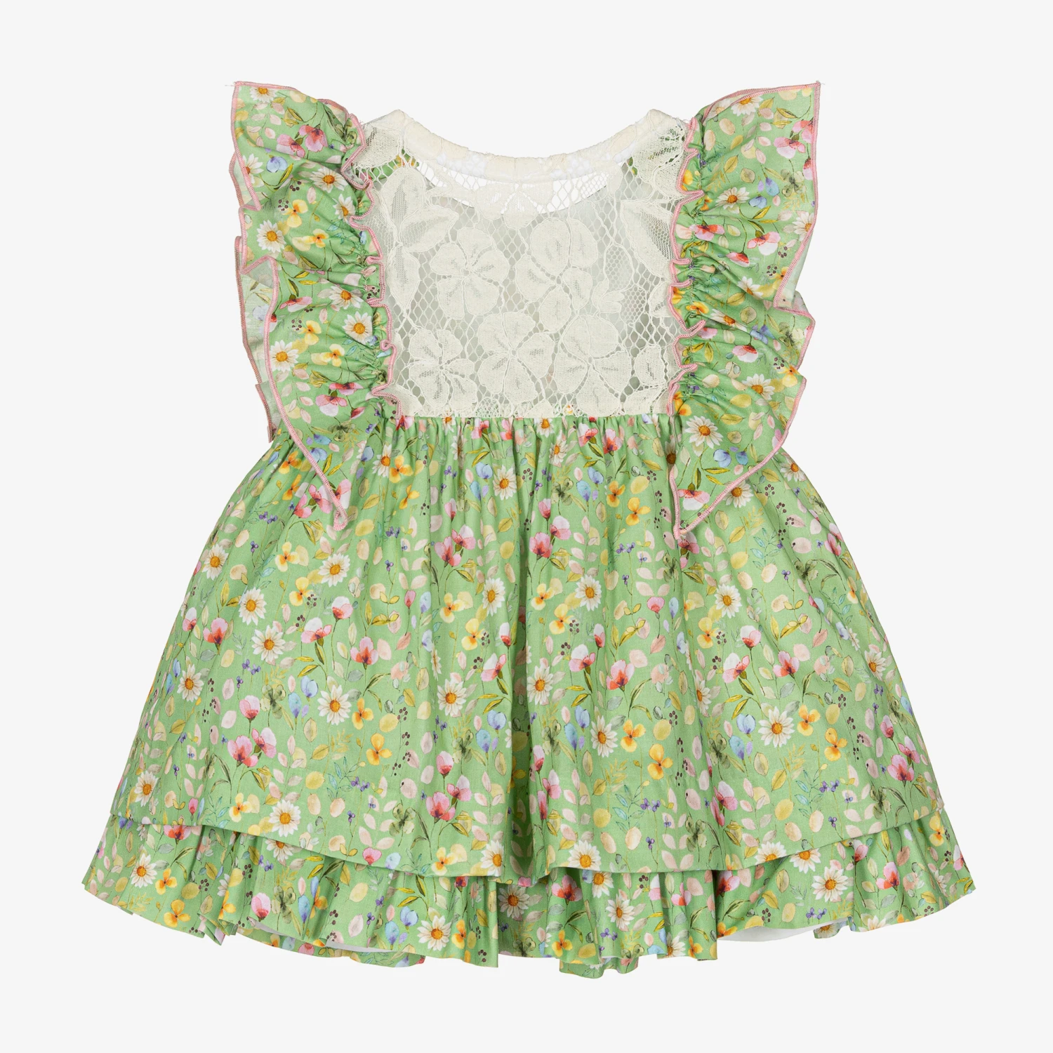 Miranda Baby Girls Green Cotton Floral Dress 4 Miranda Baby Girls Green Cotton Floral Dress - Image 2