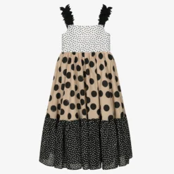 Monnalisa Teen Girls Beige Polka Dot Cotton Dress