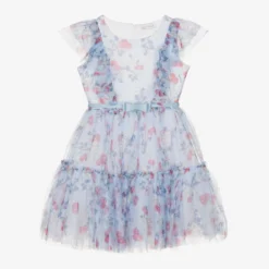Monnalisa Teen Girls Blue Cherry Tulle Dress