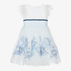 Monnalisa Teen Girls Ivory & Blue Floral Tulle Dress