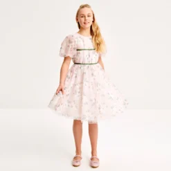 Monnalisa Chic Teen Girls Pink Floral Tulle Dress