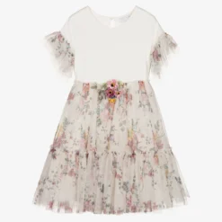 Monnalisa Teen Ivory Floral Tulle Dress