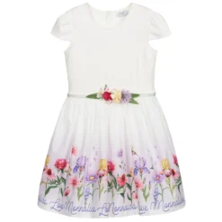 Monnalisa Teen White Floral Logo Dress
