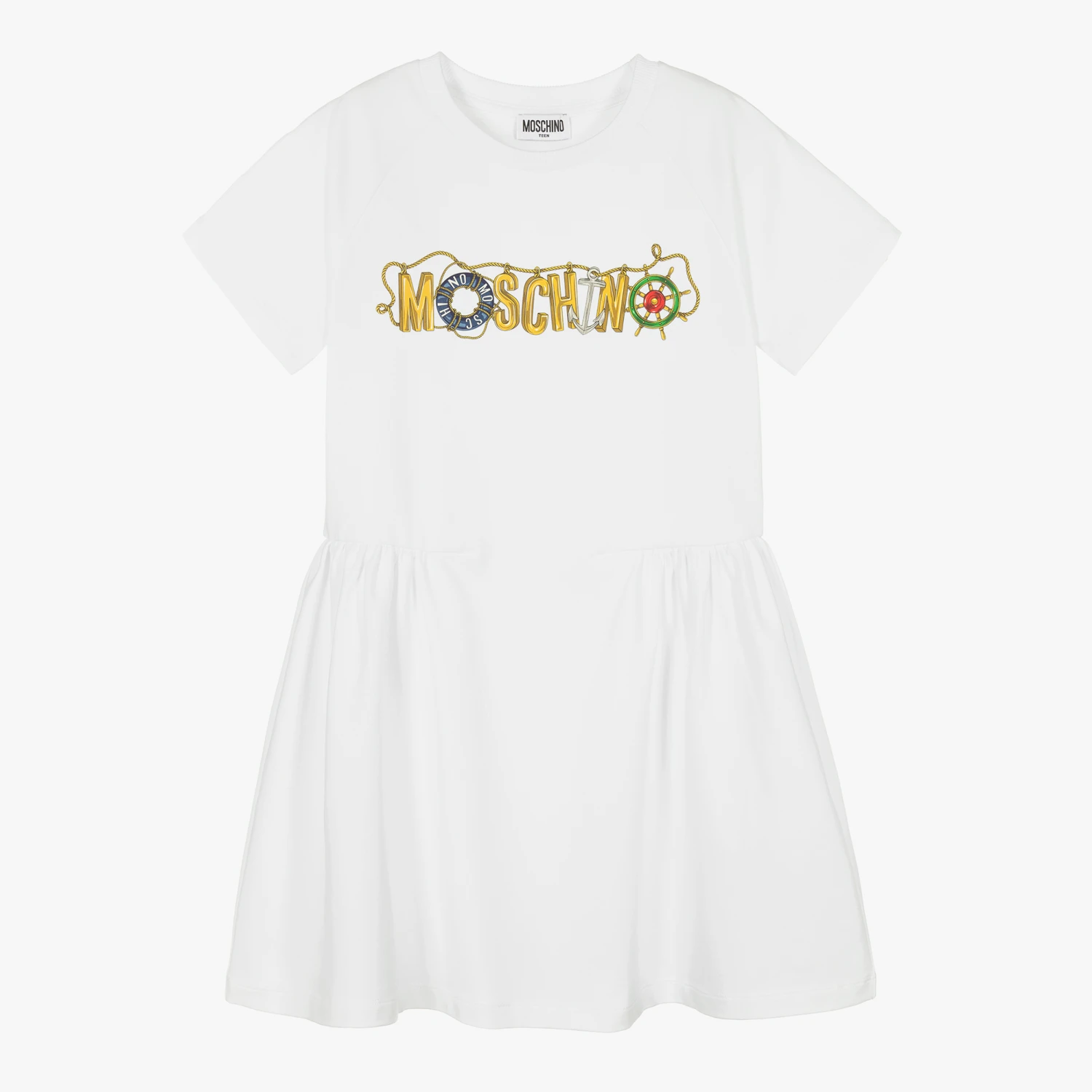Moschino Kid-Teen Teen Girls White Cotton Logo Dress 3 Moschino Kid-Teen Teen Girls White Cotton Logo Dress