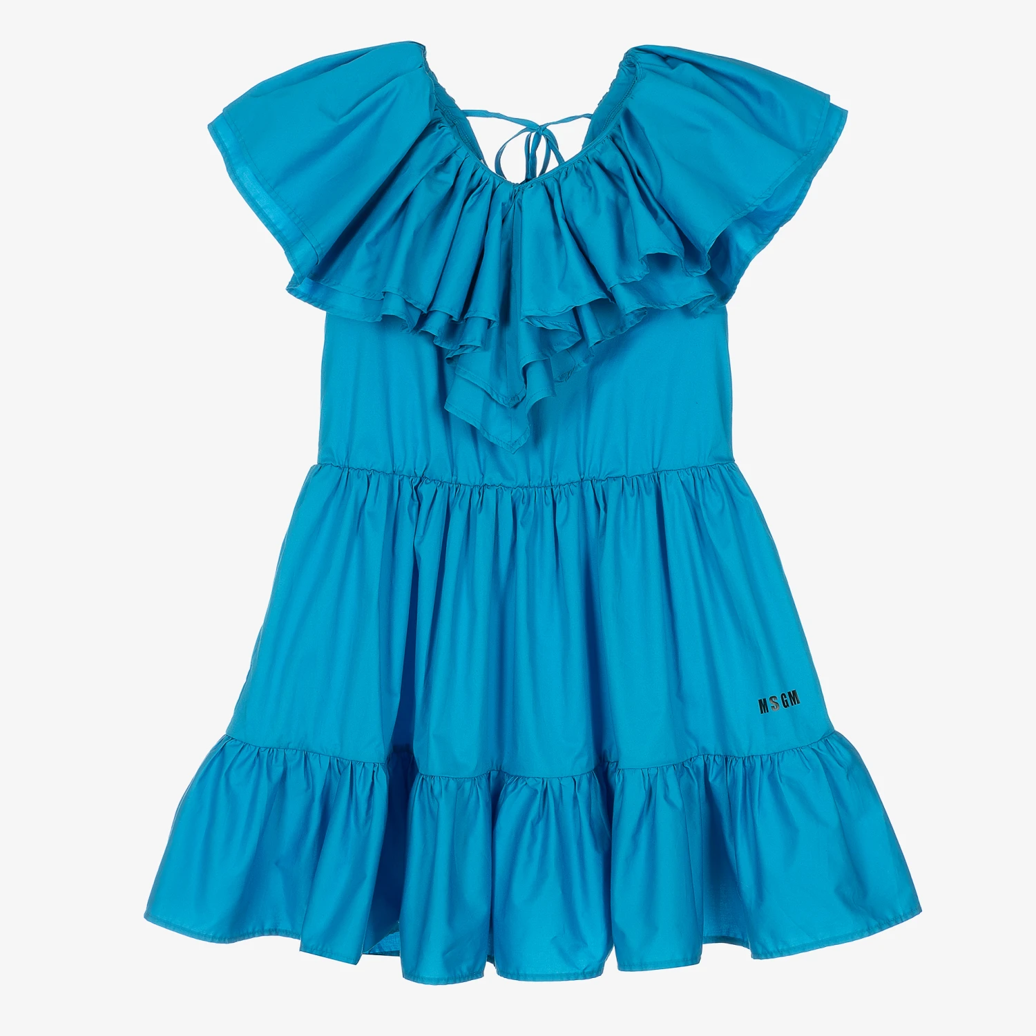 MSGM Teen Girls Blue Cotton Ruffle Logo Dress 3 MSGM Teen Girls Blue Cotton Ruffle Logo Dress