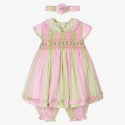 Pretty Originals Baby Girls Pink & Green Cotton Dress Set