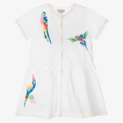 Stella McCartney Kids Teen Girls White Cotton & Linen Parrot Dress