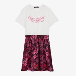 Versace Teen Girls White & Pink Orchid Barocco Dress
