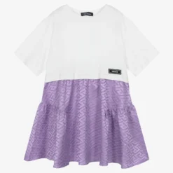 Versace Teen Girls White & Purple Greca Signature Dress